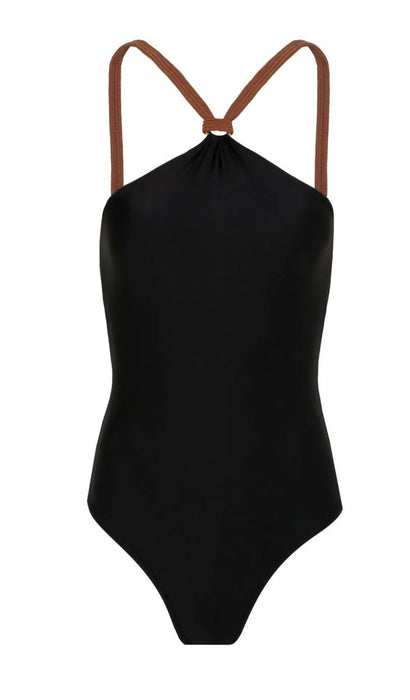 BLACK ROPE HALTER NECK ONE PIECE