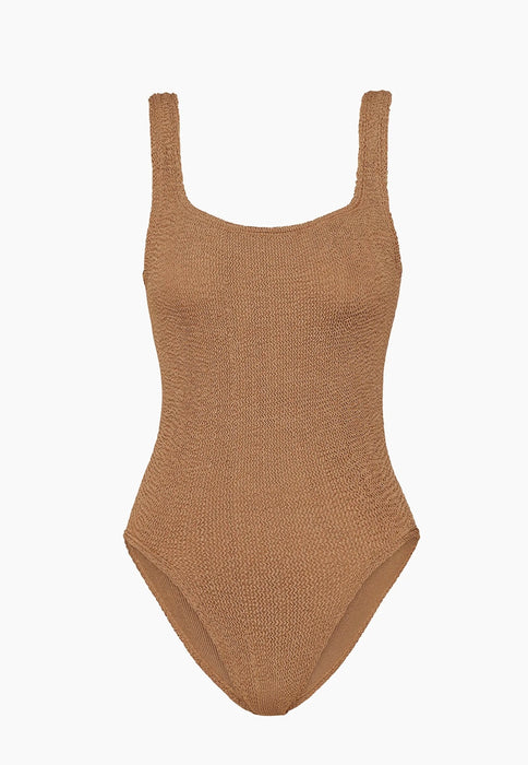 HUNZA G SQUARE NECK METALLIC COCOA ONE PIECE