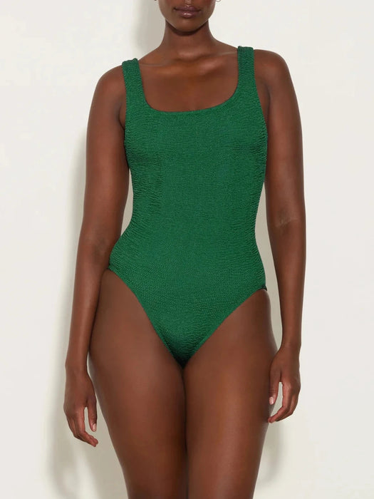 HUNZA G SQUARE NECK METALLIC FOREST GREEN ONE PIECE