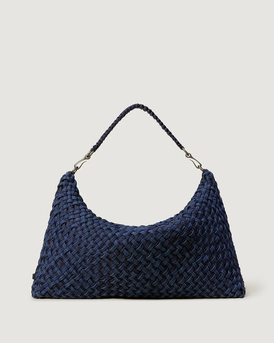 NAGHEDI PORTO SMALL HALF MOON DOUBLE WEAVE DENIM INDIGO BAG