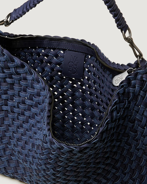 NAGHEDI PORTO SMALL HALF MOON DOUBLE WEAVE DENIM INDIGO BAG