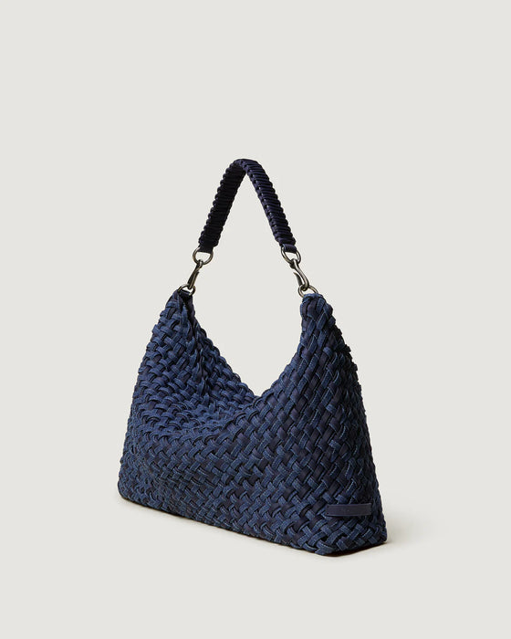 NAGHEDI PORTO SMALL HALF MOON DOUBLE WEAVE DENIM INDIGO BAG