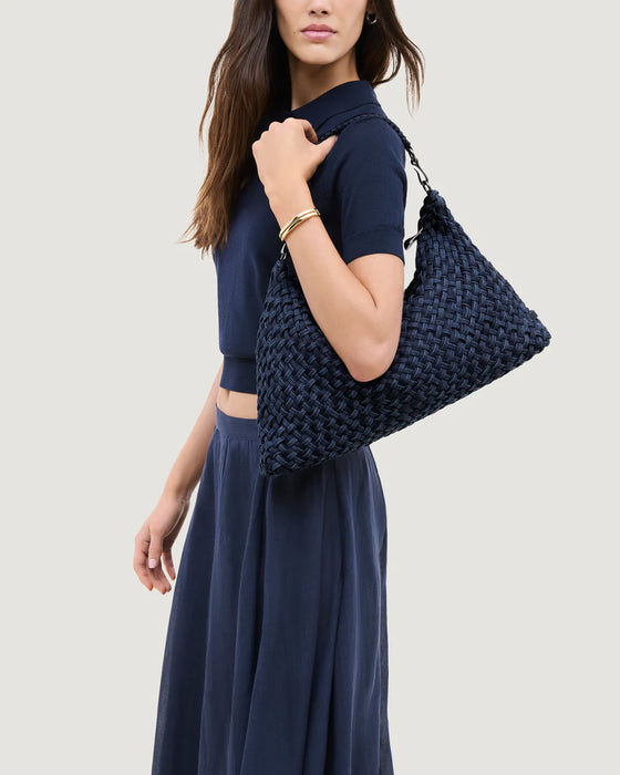 NAGHEDI PORTO SMALL HALF MOON DOUBLE WEAVE DENIM INDIGO BAG