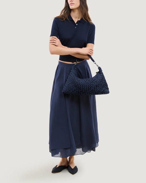 NAGHEDI PORTO SMALL HALF MOON DOUBLE WEAVE DENIM INDIGO BAG