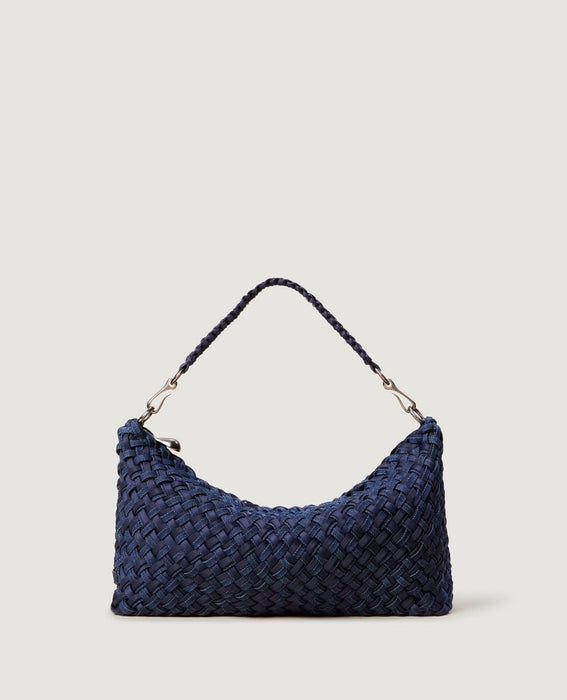 NAGHEDI PORTO SMALL HALF MOON DOUBLE WEAVE DENIM INDIGO BAG