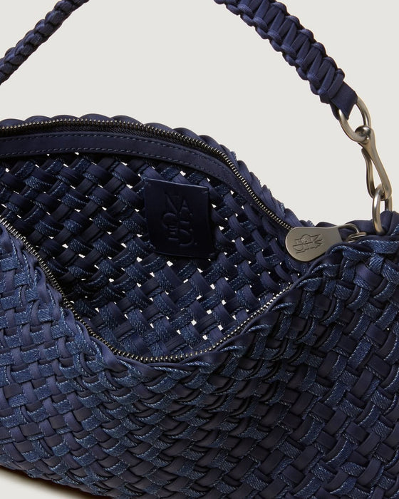 NAGHEDI PORTO SMALL HALF MOON DOUBLE WEAVE DENIM INDIGO BAG