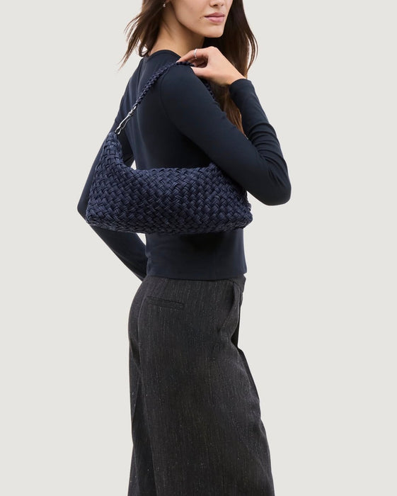 NAGHEDI PORTO SMALL HALF MOON DOUBLE WEAVE DENIM INDIGO BAG