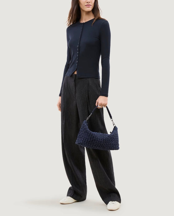 NAGHEDI PORTO SMALL HALF MOON DOUBLE WEAVE DENIM INDIGO BAG