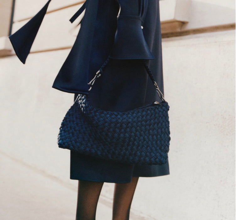 NAGHEDI PORTO SMALL HALF MOON DOUBLE WEAVE DENIM INDIGO BAG