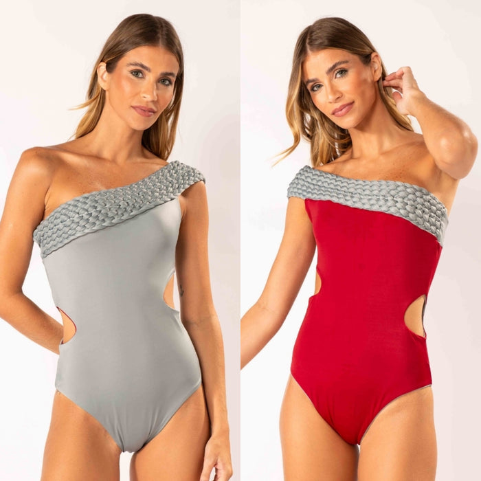 MACRAME ONE SHOULDER GRUS/MARSALA ONE PIECE